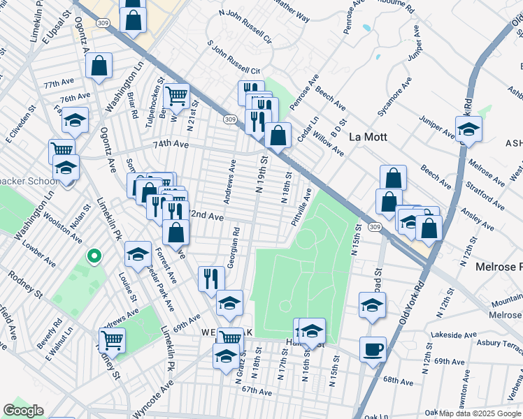 map of restaurants, bars, coffee shops, grocery stores, and more near 1841 Plymouth Street in Philadelphia