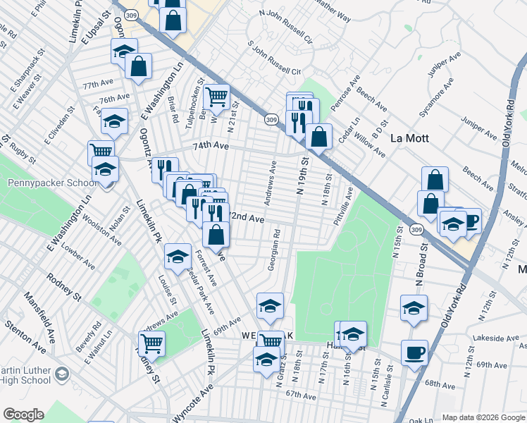 map of restaurants, bars, coffee shops, grocery stores, and more near 1976 Elston Street in Philadelphia