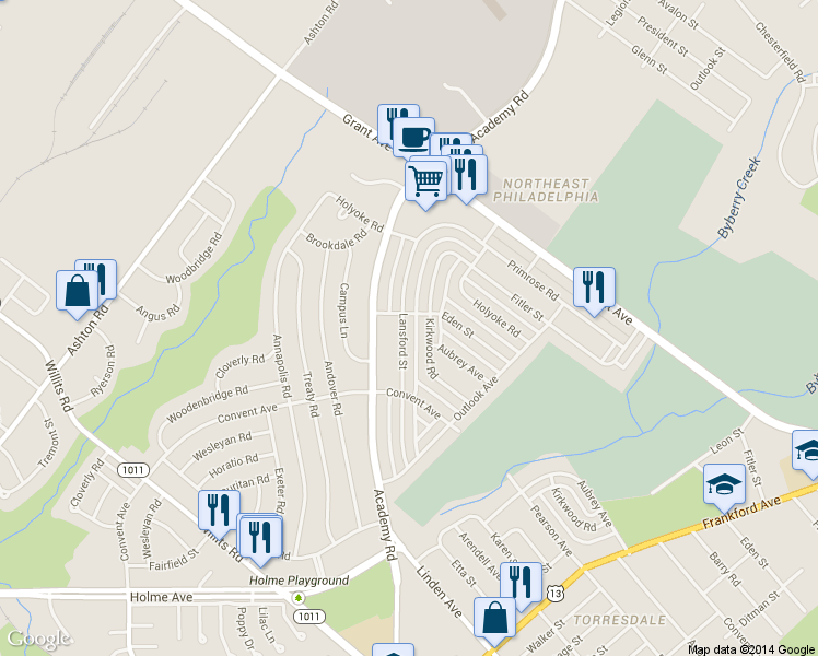map of restaurants, bars, coffee shops, grocery stores, and more near 9353 Lansford Street in Philadelphia