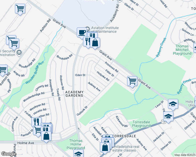 map of restaurants, bars, coffee shops, grocery stores, and more near 3437 Eden Street in Philadelphia