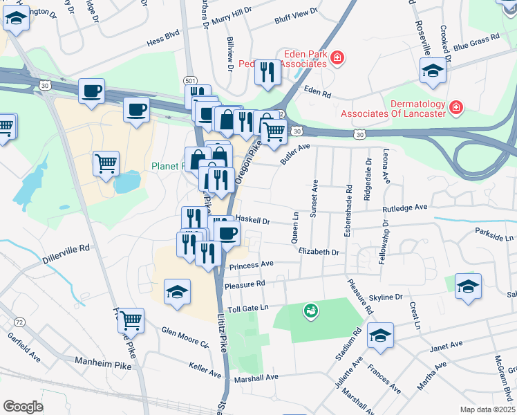 map of restaurants, bars, coffee shops, grocery stores, and more near 132 Rutledge Avenue in Lancaster