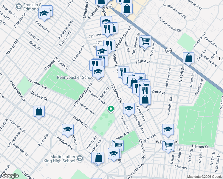 map of restaurants, bars, coffee shops, grocery stores, and more near 7305 Thouron Avenue in Philadelphia