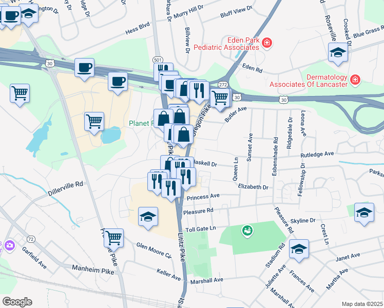 map of restaurants, bars, coffee shops, grocery stores, and more near 1605 Oregon Pike in Lancaster