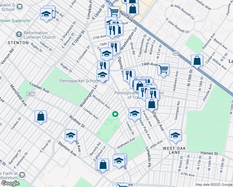 map of restaurants, bars, coffee shops, grocery stores, and more near 1873 East Tulpehocken Street in Philadelphia