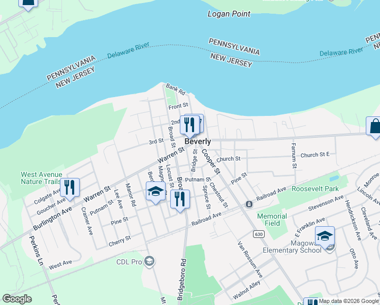 map of restaurants, bars, coffee shops, grocery stores, and more near 401 Laurel Street in Beverly