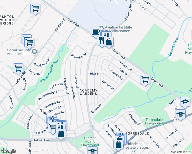 map of restaurants, bars, coffee shops, grocery stores, and more near 9353 Lansford Street in Philadelphia
