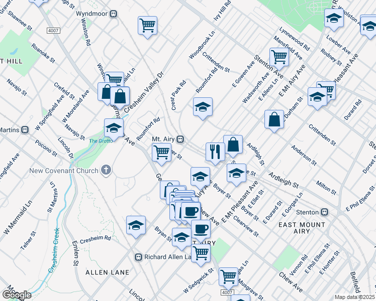 map of restaurants, bars, coffee shops, grocery stores, and more near 114 East Gowen Avenue in Philadelphia