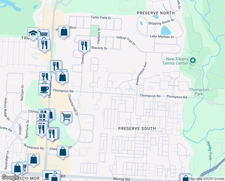 map of restaurants, bars, coffee shops, grocery stores, and more near 4196 Cobbler Road in New Albany