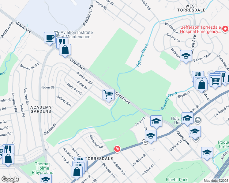 map of restaurants, bars, coffee shops, grocery stores, and more near Grant Ave & Fordham Rd in Philadelphia