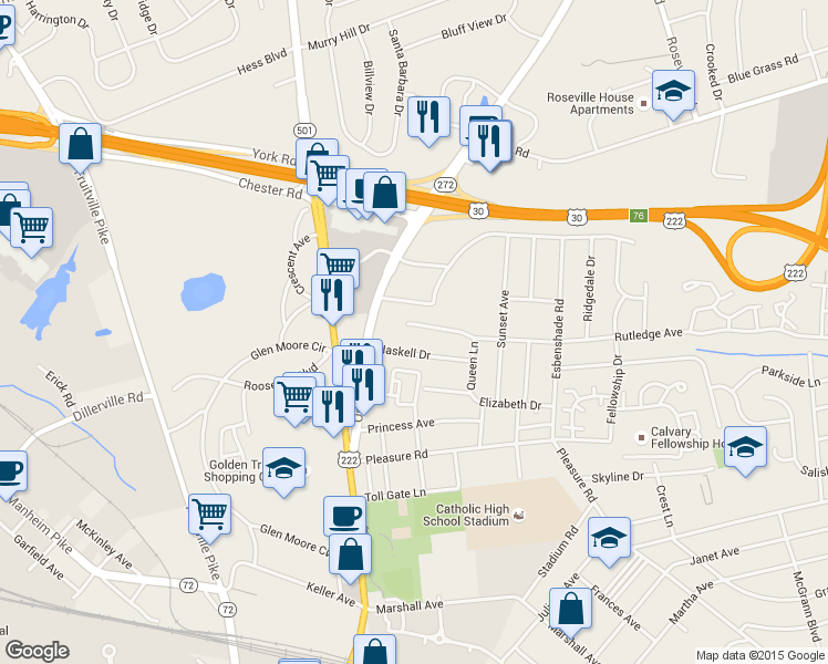 map of restaurants, bars, coffee shops, grocery stores, and more near 132 Rutledge Avenue in Lancaster