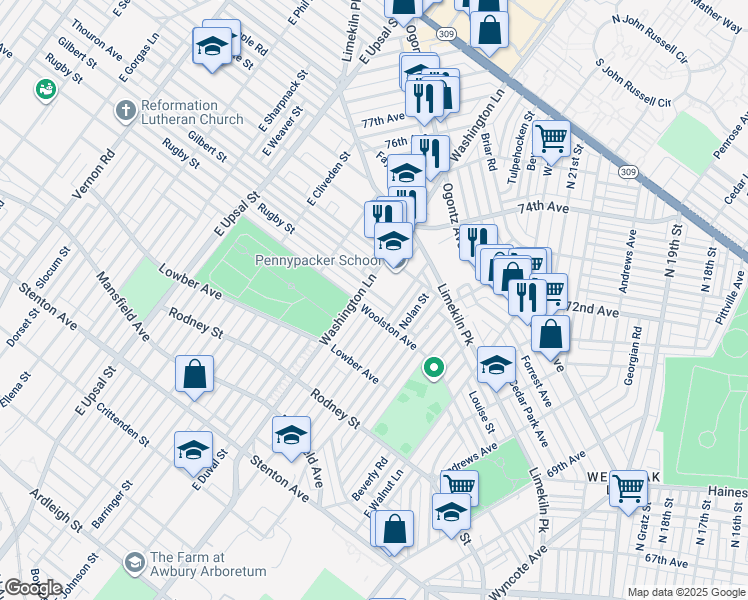 map of restaurants, bars, coffee shops, grocery stores, and more near 7376 Rugby Street in Philadelphia