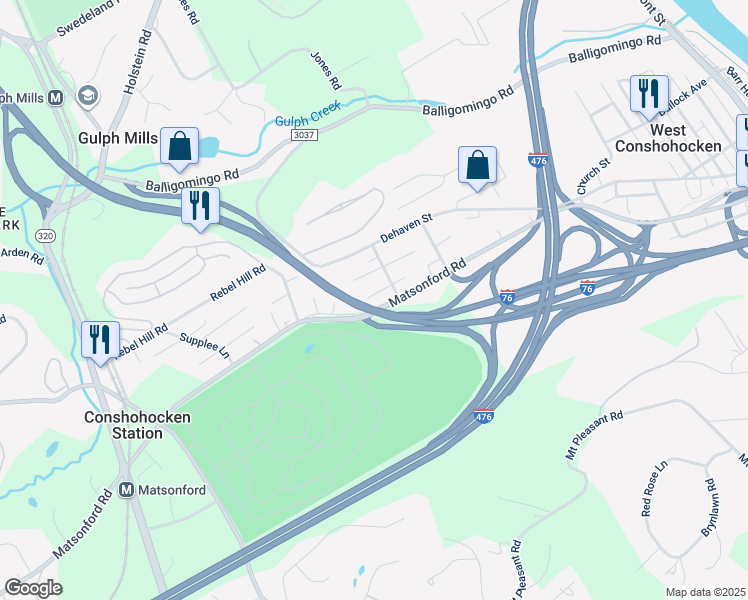 map of restaurants, bars, coffee shops, grocery stores, and more near 1210 Matsonford Road in Conshohocken