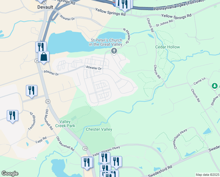 map of restaurants, bars, coffee shops, grocery stores, and more near 607 Quarry Point Road in Malvern