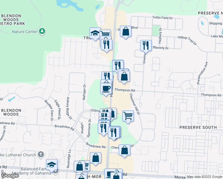 map of restaurants, bars, coffee shops, grocery stores, and more near N Hamilton Rd & Thompson Rd in Columbus