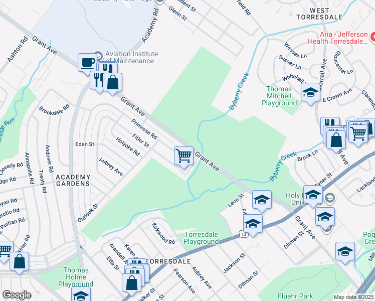 map of restaurants, bars, coffee shops, grocery stores, and more near 3574 Grant Avenue in Philadelphia