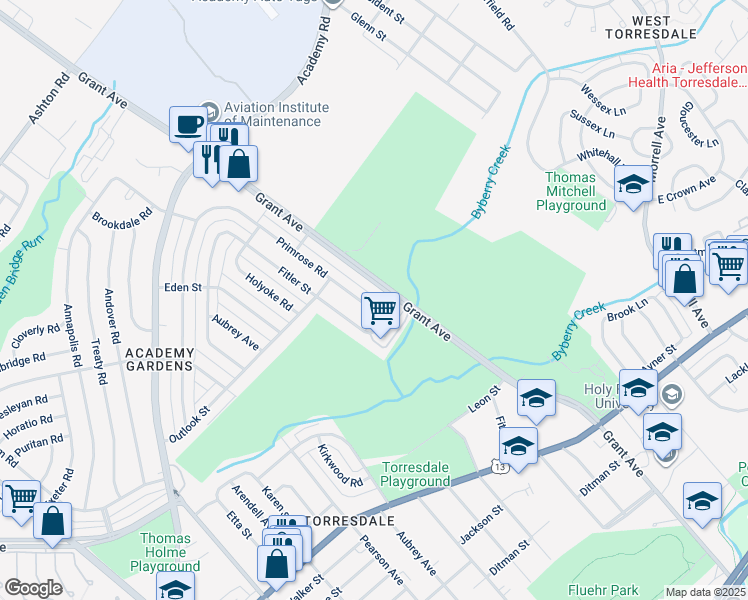 map of restaurants, bars, coffee shops, grocery stores, and more near 3574 Grant Avenue in Philadelphia