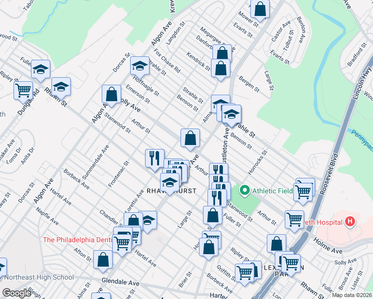 map of restaurants, bars, coffee shops, grocery stores, and more near 1900 Solly Avenue in Philadelphia