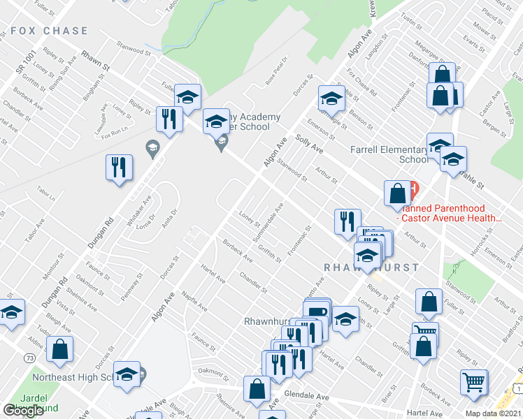 map of restaurants, bars, coffee shops, grocery stores, and more near 7949 Langdon Street in Philadelphia