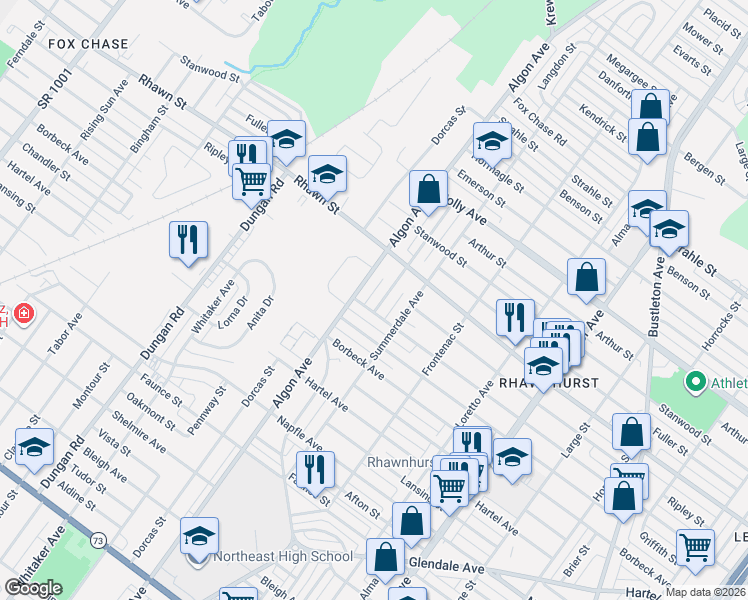 map of restaurants, bars, coffee shops, grocery stores, and more near 7960 Langdon Street in Philadelphia