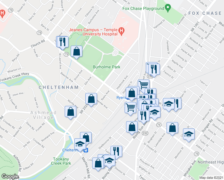 map of restaurants, bars, coffee shops, grocery stores, and more near 7306 Hasbrook Avenue in Philadelphia