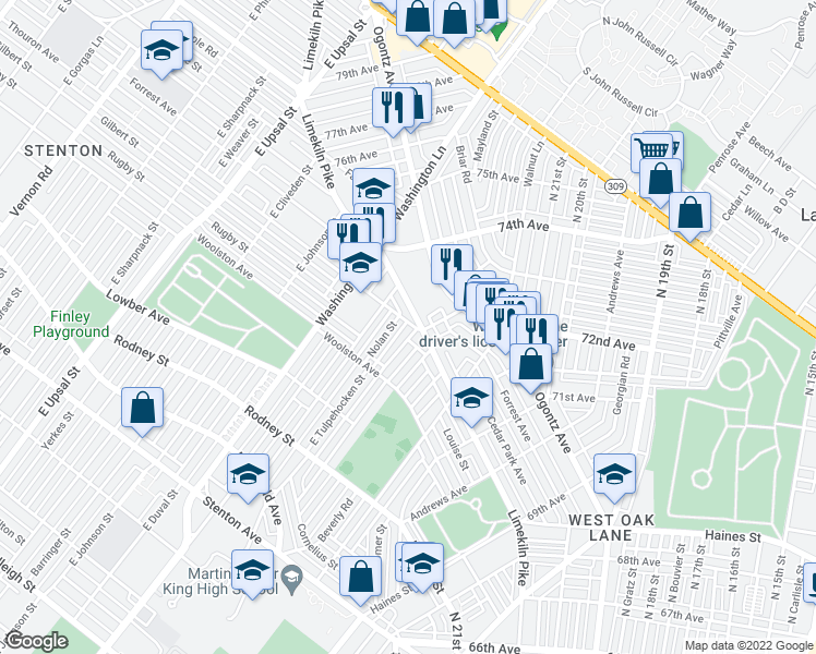 map of restaurants, bars, coffee shops, grocery stores, and more near 7305 Thouron Avenue in Philadelphia