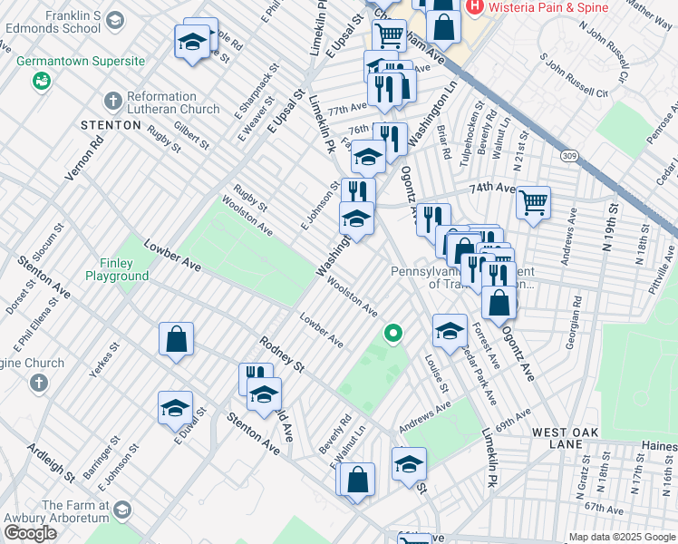 map of restaurants, bars, coffee shops, grocery stores, and more near 7376 Rugby Street in Philadelphia