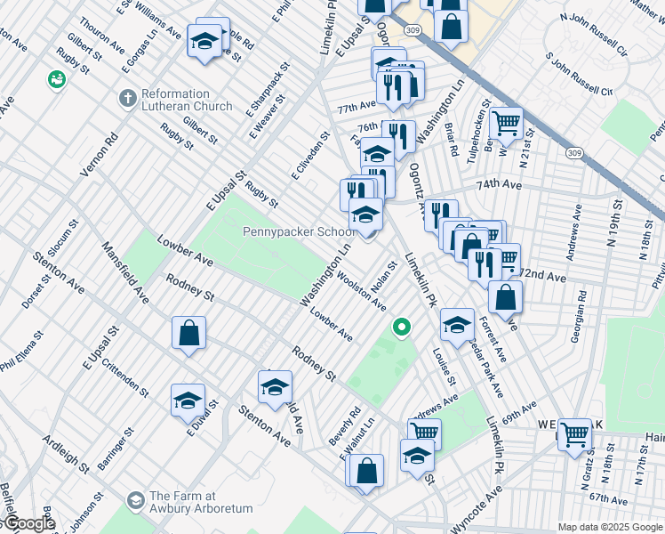 map of restaurants, bars, coffee shops, grocery stores, and more near 7400 Rugby Street in Philadelphia