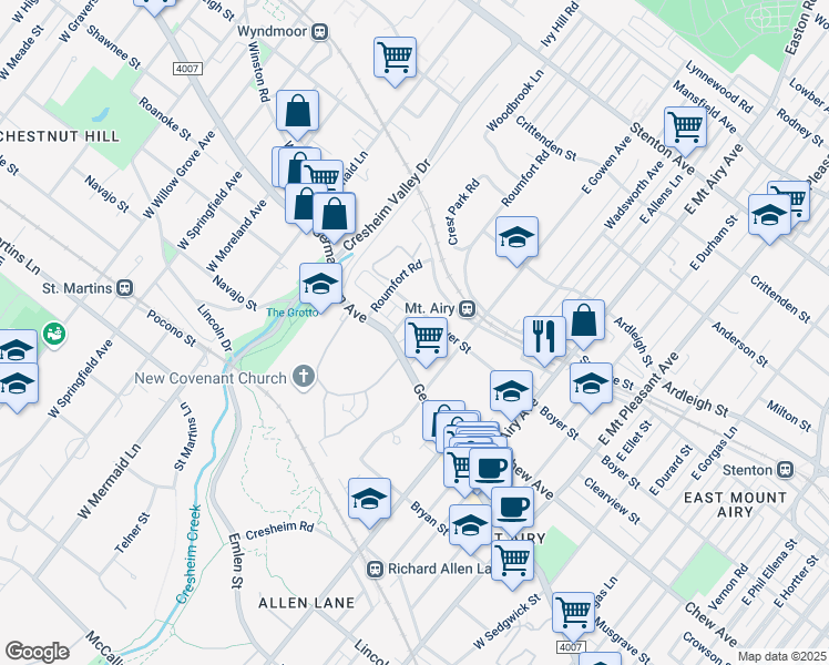 map of restaurants, bars, coffee shops, grocery stores, and more near 7434 Boyer Street in Philadelphia