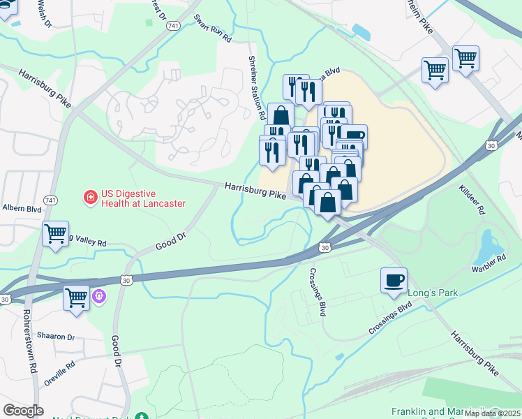 map of restaurants, bars, coffee shops, grocery stores, and more near 1588-1598 Harrisburg Avenue in Lancaster