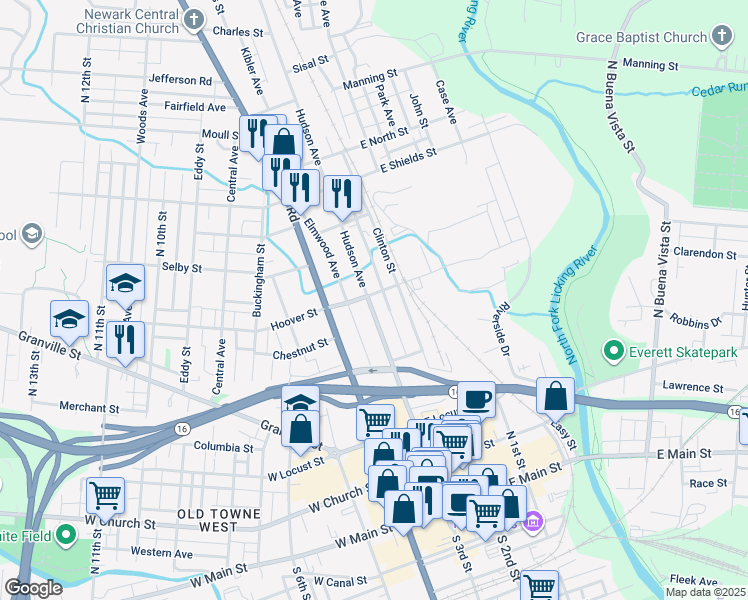 map of restaurants, bars, coffee shops, grocery stores, and more near 12 East Saint Clair Street in Newark