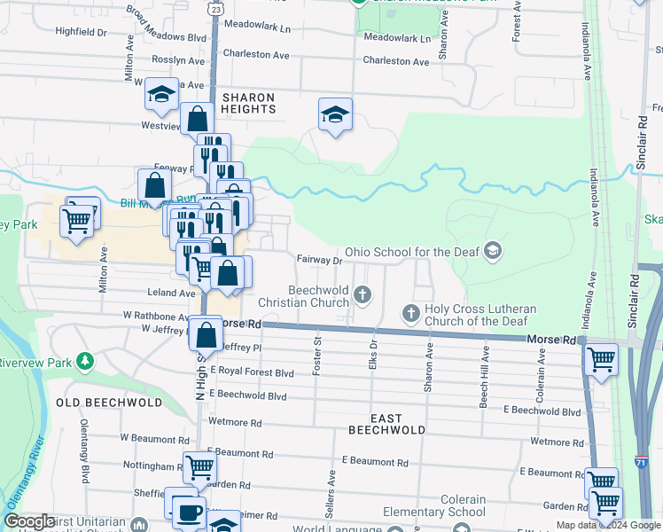 map of restaurants, bars, coffee shops, grocery stores, and more near 224 Fairway Drive in Columbus