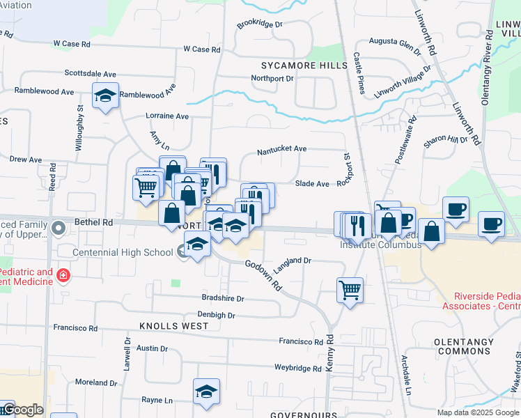 map of restaurants, bars, coffee shops, grocery stores, and more near 1301 Palmer House Court in Columbus