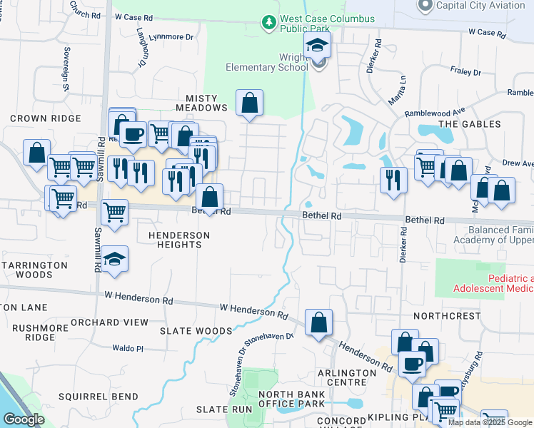 map of restaurants, bars, coffee shops, grocery stores, and more near 2417 Nectar Lane in Columbus