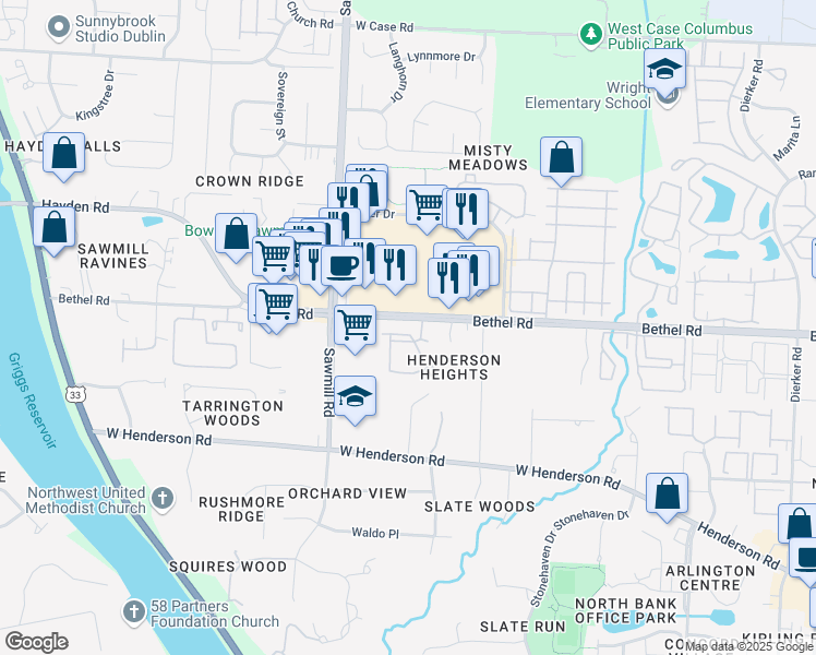 map of restaurants, bars, coffee shops, grocery stores, and more near in Columbus