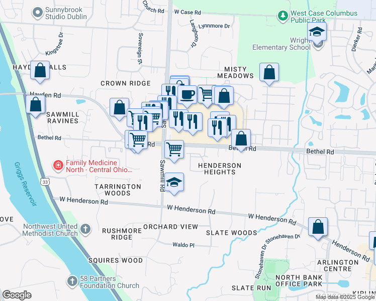 map of restaurants, bars, coffee shops, grocery stores, and more near in Columbus