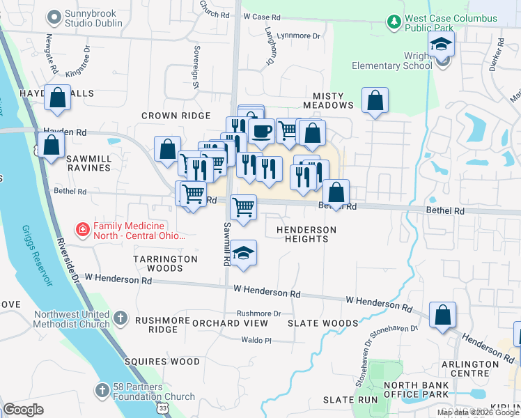 map of restaurants, bars, coffee shops, grocery stores, and more near in Columbus