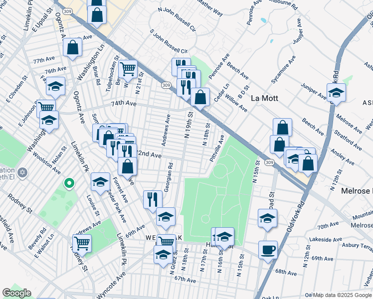 map of restaurants, bars, coffee shops, grocery stores, and more near 1847 Plymouth Street in Philadelphia