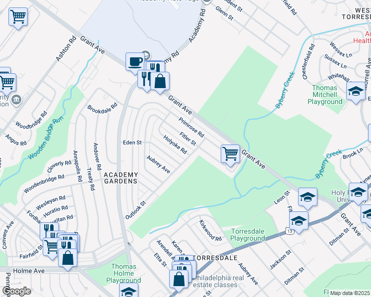 map of restaurants, bars, coffee shops, grocery stores, and more near 3459 Holyoke Road in Philadelphia