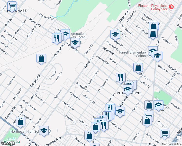 map of restaurants, bars, coffee shops, grocery stores, and more near 7949 Langdon Street in Philadelphia