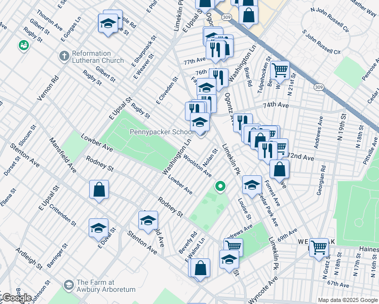 map of restaurants, bars, coffee shops, grocery stores, and more near 7378 Rugby Street in Philadelphia