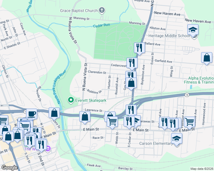 map of restaurants, bars, coffee shops, grocery stores, and more near 205 Hunter Street in Newark