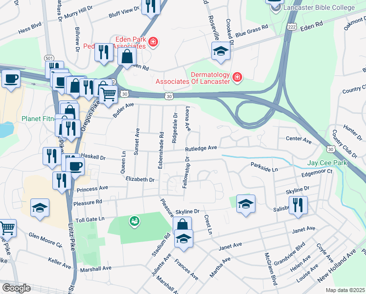 map of restaurants, bars, coffee shops, grocery stores, and more near 455 Rutledge Avenue in Lancaster