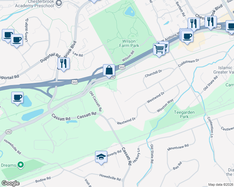map of restaurants, bars, coffee shops, grocery stores, and more near 793 Tory Hollow Road in Berwyn