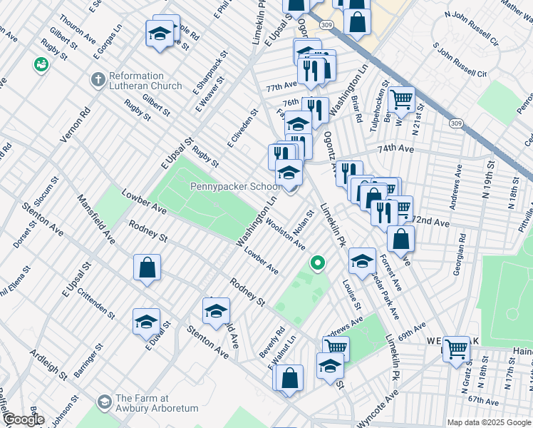 map of restaurants, bars, coffee shops, grocery stores, and more near 7393 Woolston Avenue in Philadelphia