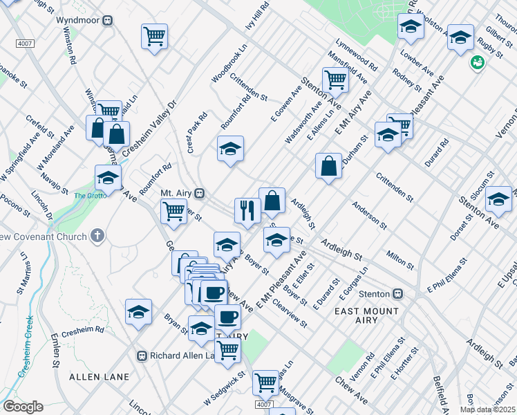 map of restaurants, bars, coffee shops, grocery stores, and more near 306 East Allens Lane in Philadelphia