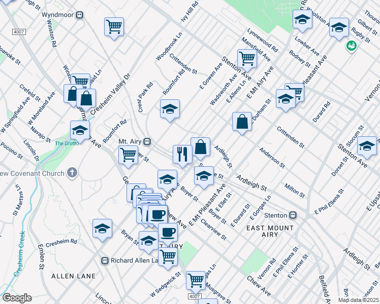 map of restaurants, bars, coffee shops, grocery stores, and more near 306 East Allens Lane in Philadelphia