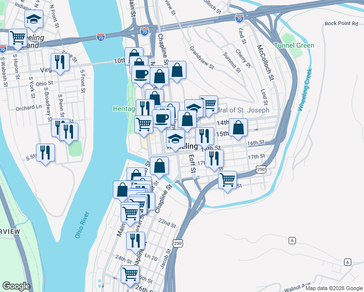 map of restaurants, bars, coffee shops, grocery stores, and more near in Wheeling