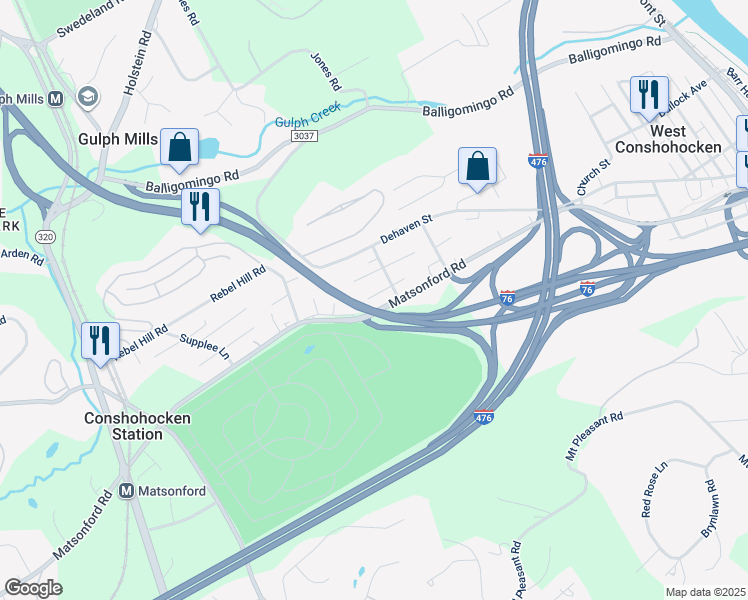 map of restaurants, bars, coffee shops, grocery stores, and more near 1210 Matsonford Road in Conshohocken