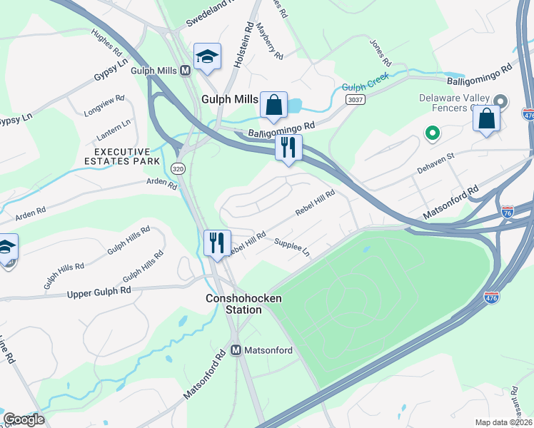 map of restaurants, bars, coffee shops, grocery stores, and more near 227 Valley Forge Lookout Place in Wayne