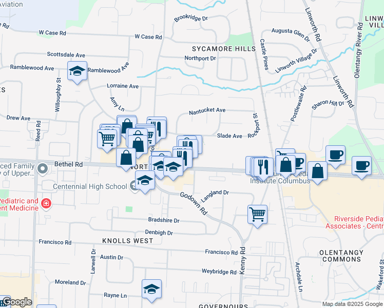 map of restaurants, bars, coffee shops, grocery stores, and more near 1301 Palmer House Court in Columbus
